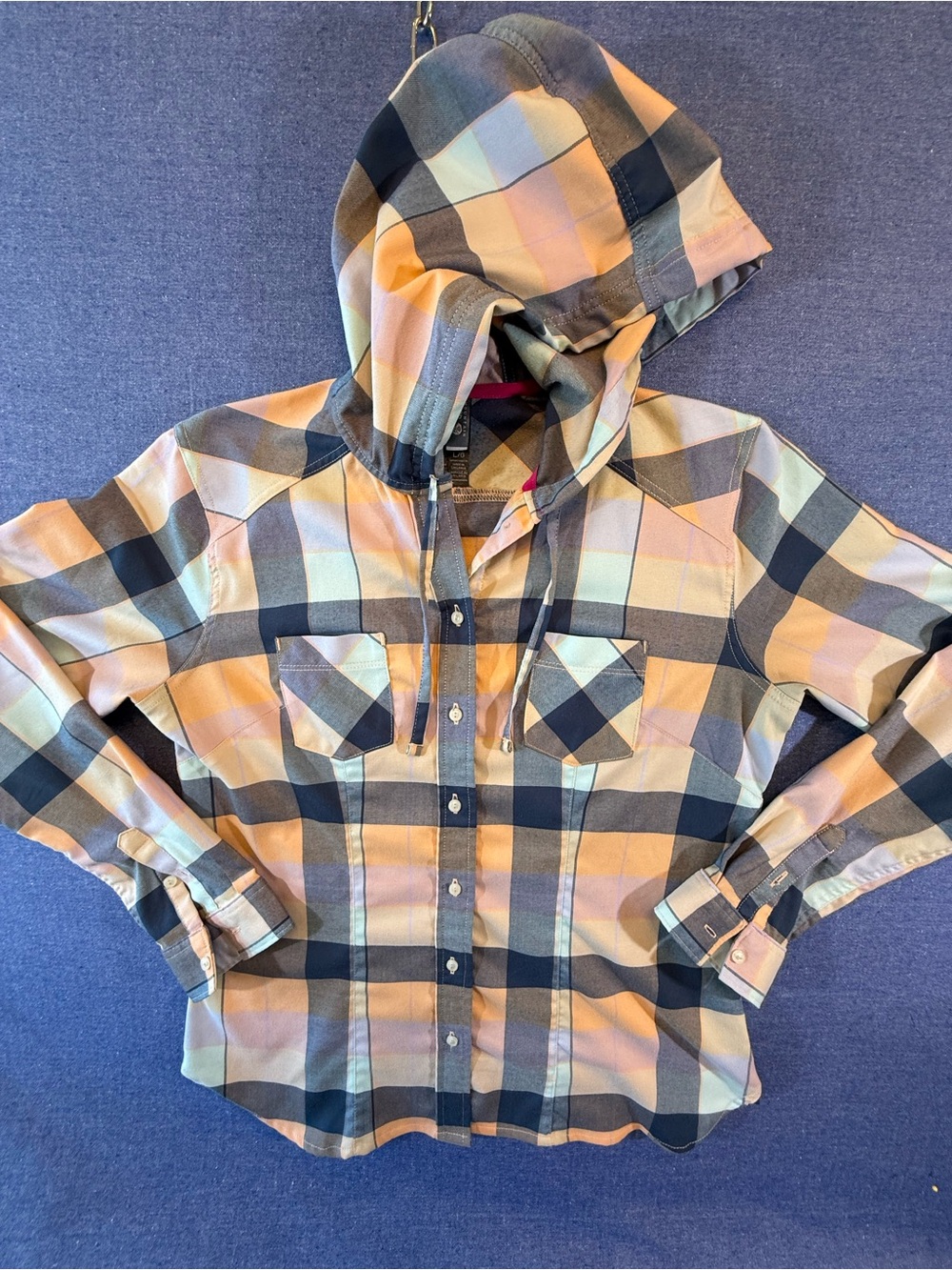 Mountain Hardwear Plaid Hooded Button-Up Shirt - Plaid Navy Blue & Gold